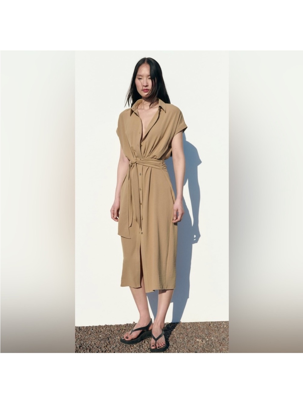 Zara | Camel Tan Twist-Waist Midi Shirt Dress Short Sleeve size large